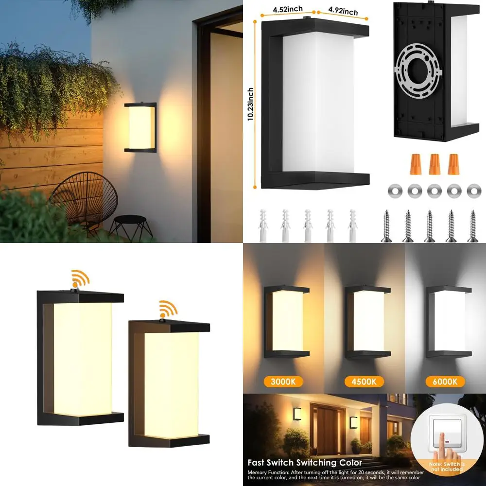 

2-Pack LED Dusk to Dawn Outdoor Wall Lights, 3-Color Modern Exterior Fixtures, Waterproof for Front Porch, Garage, Yard