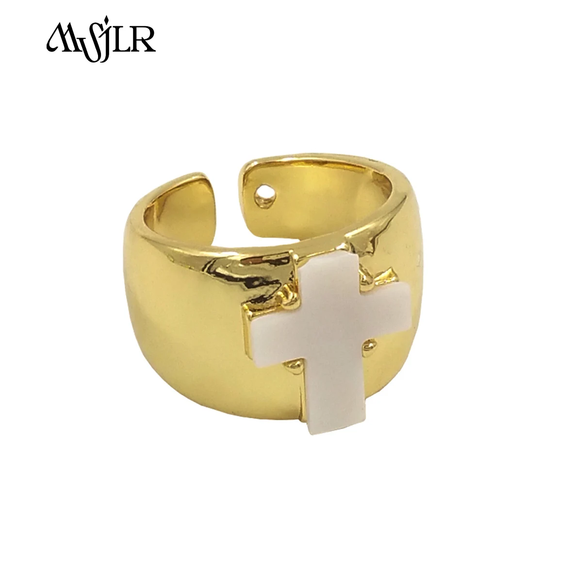 MVR087   2024 New Arrival Religious Retro Style Yellow Brass Cross Shaped Design Shell Ring Daily Wearing Accessories