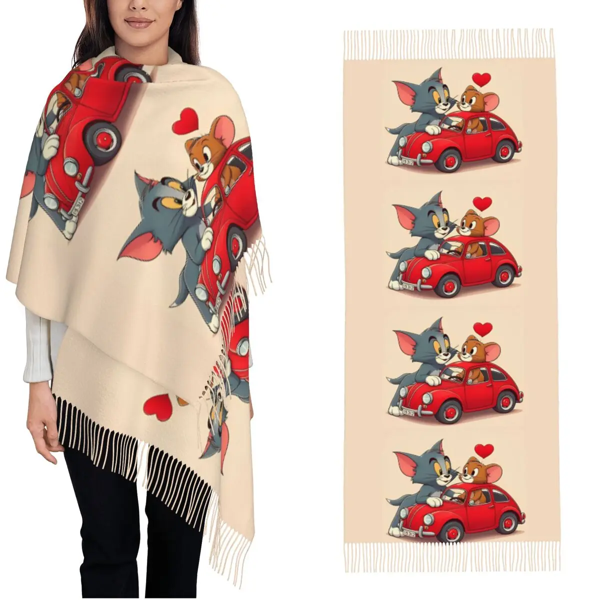 Tom And Jerry Cute Mouse Love Scarf for Womens Winter Warm Shawl Wrap Long Scarves with Tassel Lightweight