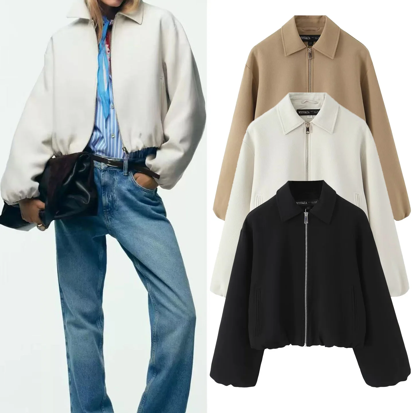 

PRINTKAOIR Women's Autumn Jacket Fall New Fashion Solid Color Simple Pocket Waist Cinched Long Sleeved Lapel Zipper Puffy Jacket