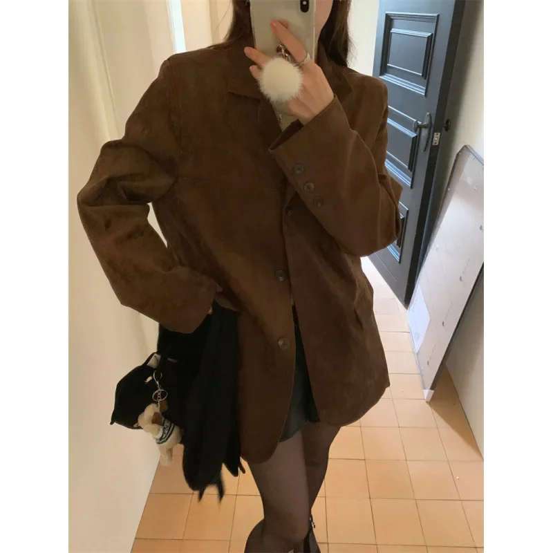 أنيقة الكورية نمط المرأة سترة من جلد الغزال الخريف الشتاء عادية خمر التلبيب معطف أنيق الترفيه موضة ملابس خارجية معطف