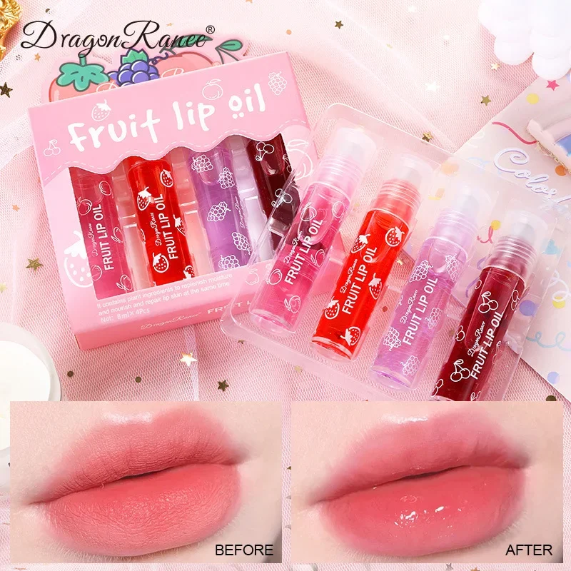 

Fruit Roll-On Lip Oil 4pcs Set Moisturizing Transparent Hydrating Lip Gloss Repairs Dry Chapped Lips Clear Transparent Lip Balm