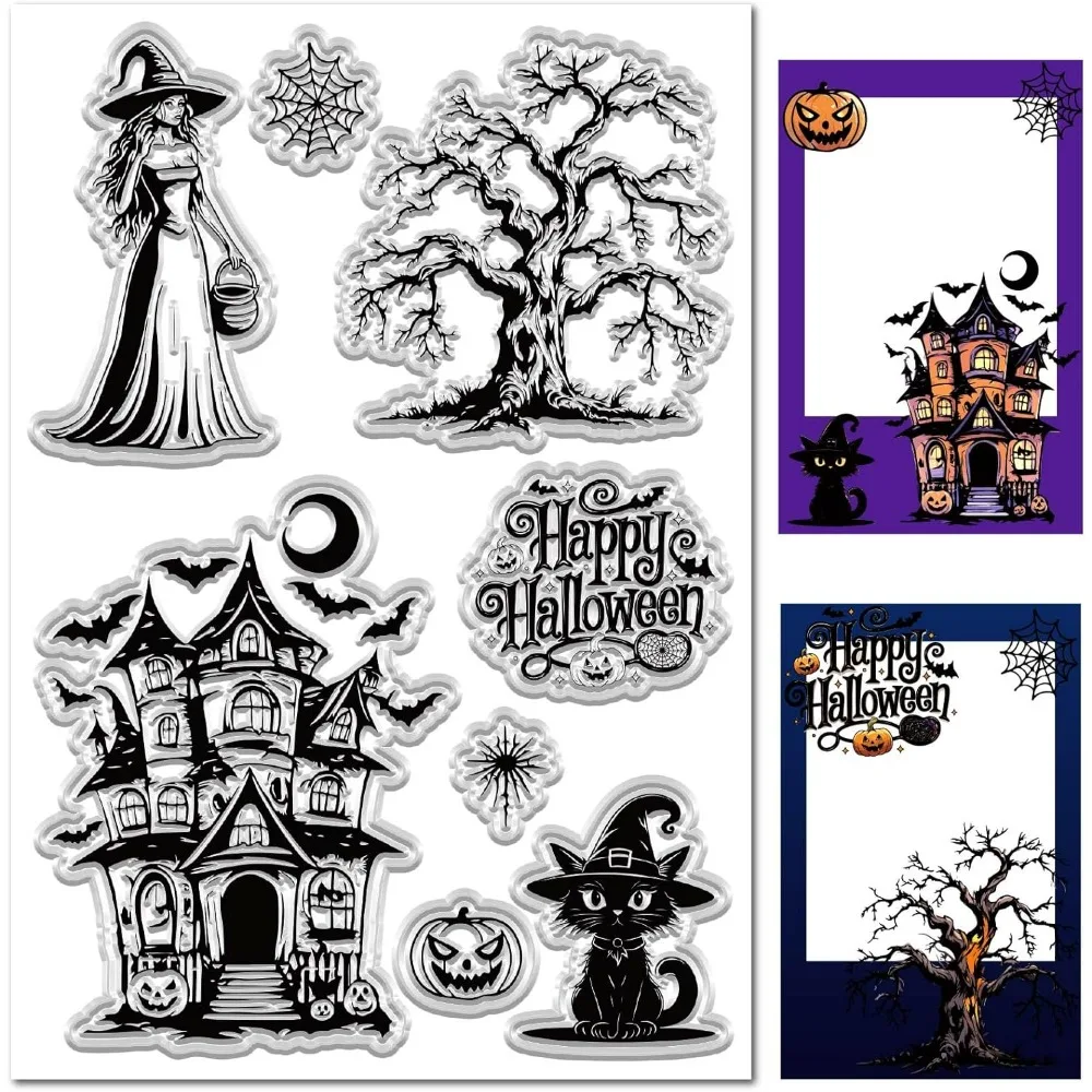 

Резиновые штампы ведьмы счастливый Хэллоуин, паутина, летучая мышь, луна, ночь, замок, тыква, кошка, дерево, ретро многоразовый прозрачный силиконовый штамп