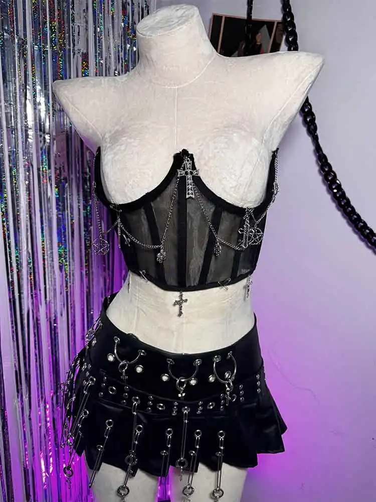 Gothic Cummerbunds E-Girls Grunge Glitch Core Fashion Revival Y2K Halter Camisole TOPS 2025 Cross Punk Rock Pin Kawaii Goth Emo
