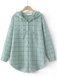 Plus Size Women's Shirt Summer Thin Cotton Plaid Tops Can Be Used As Sun Protection Jacket Light Long Sleeve Hooded Cardigan