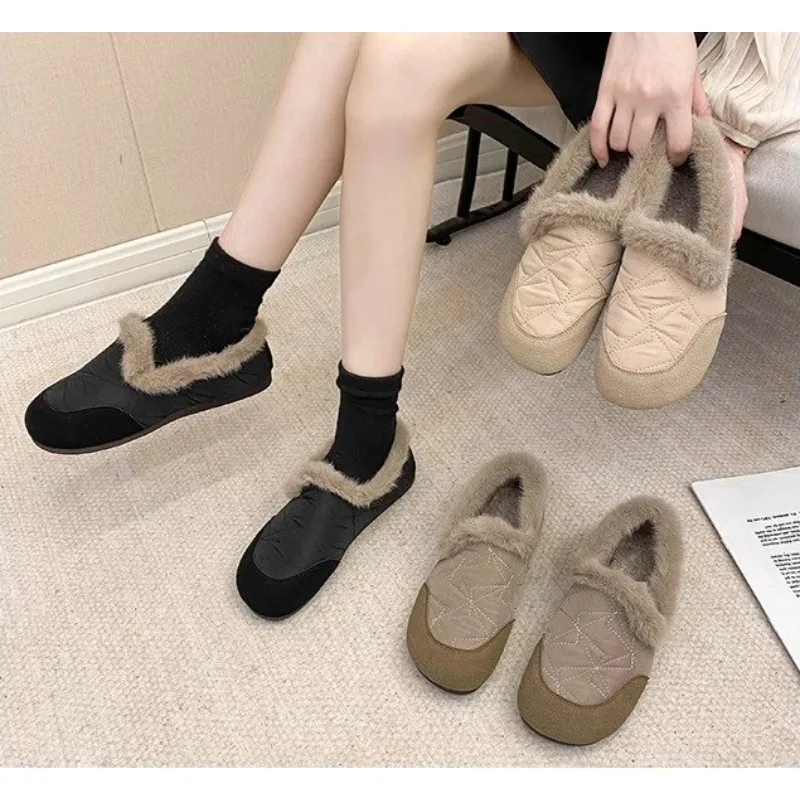 Women Winter Fleece Lined Slip On Flat Shoes Quilted Upper Furry Collar Warm Cozy Daily Walking Casual Footwear for Ladies
