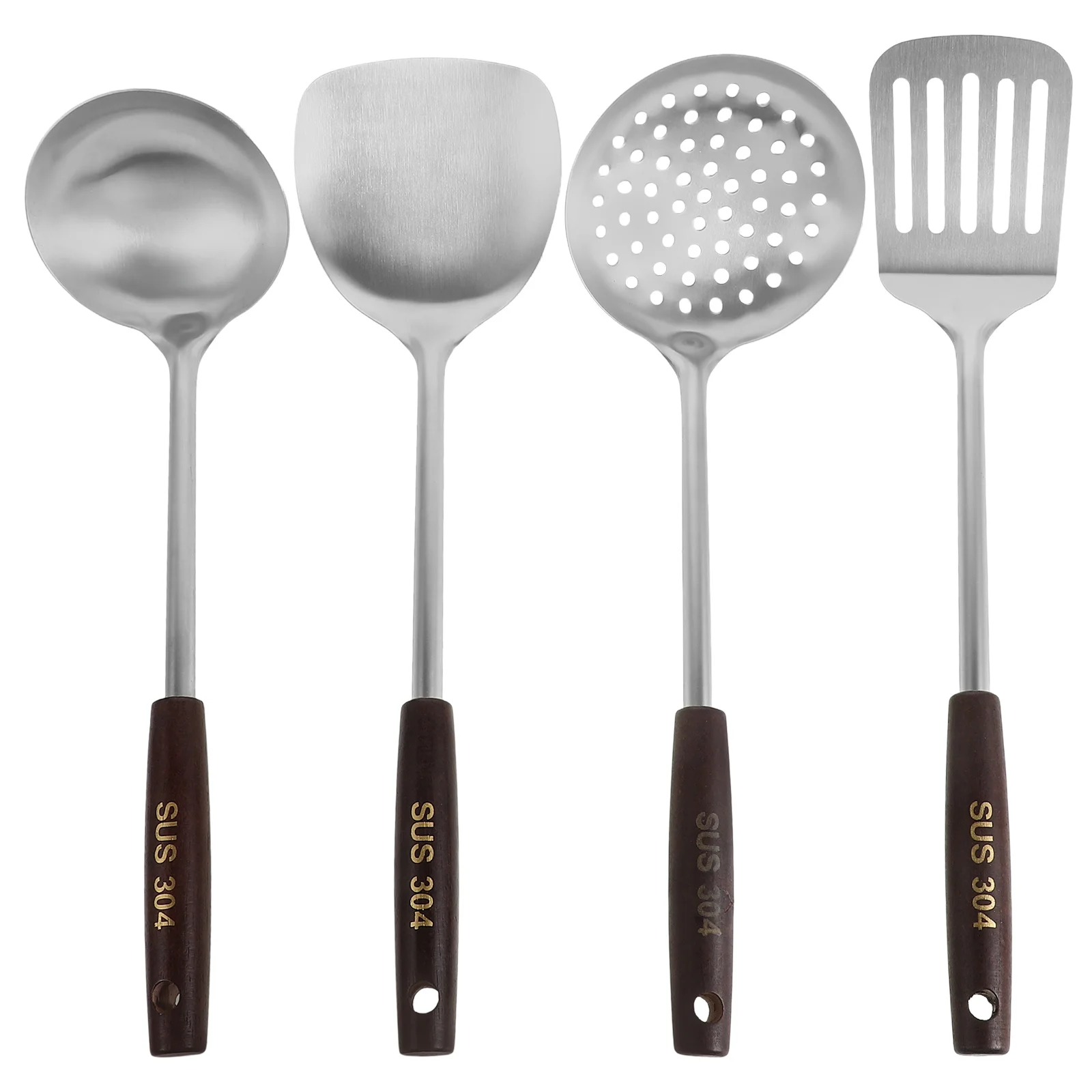 

4pcs Kitchen Cooking Utensils Set Long Handle Stainless Steel Wood Wok Tools Spatula Ladle Slotted Spoon Soup Pan Accessories