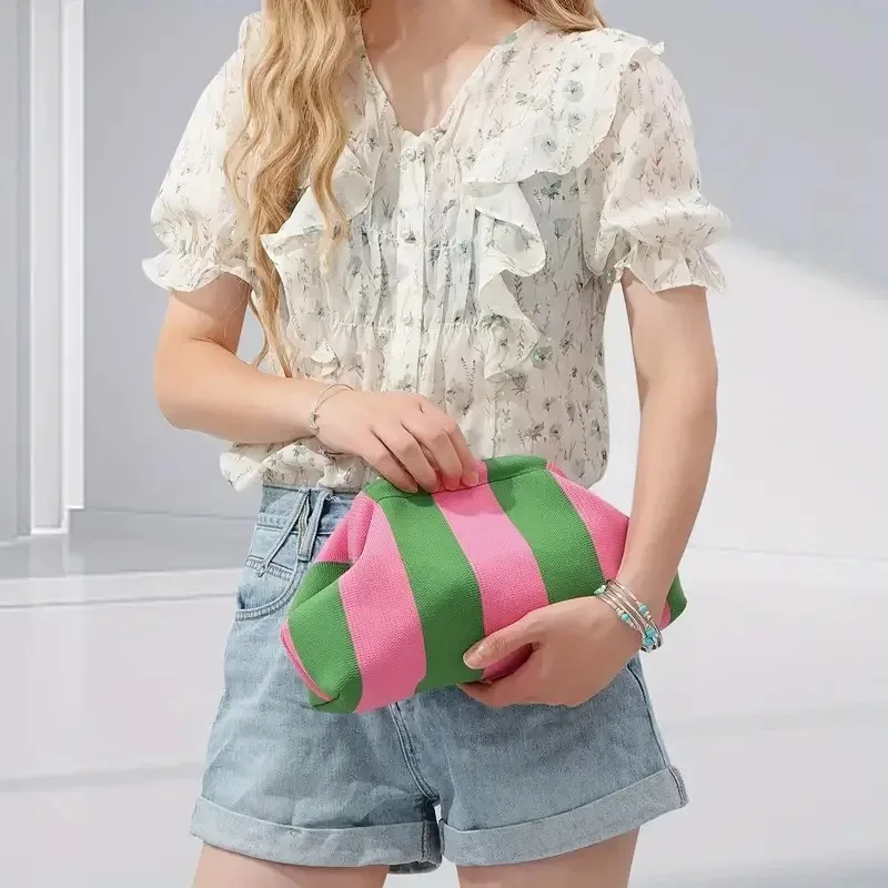 الصيف حقيبة صغيرة للشاطئ للنساء المنسوجة حقائب اليد الكروشيه المحافظ الحياكة زلابية مخلب Ruched لطيف سحابة عادية كولوربلوك حقيبة #3