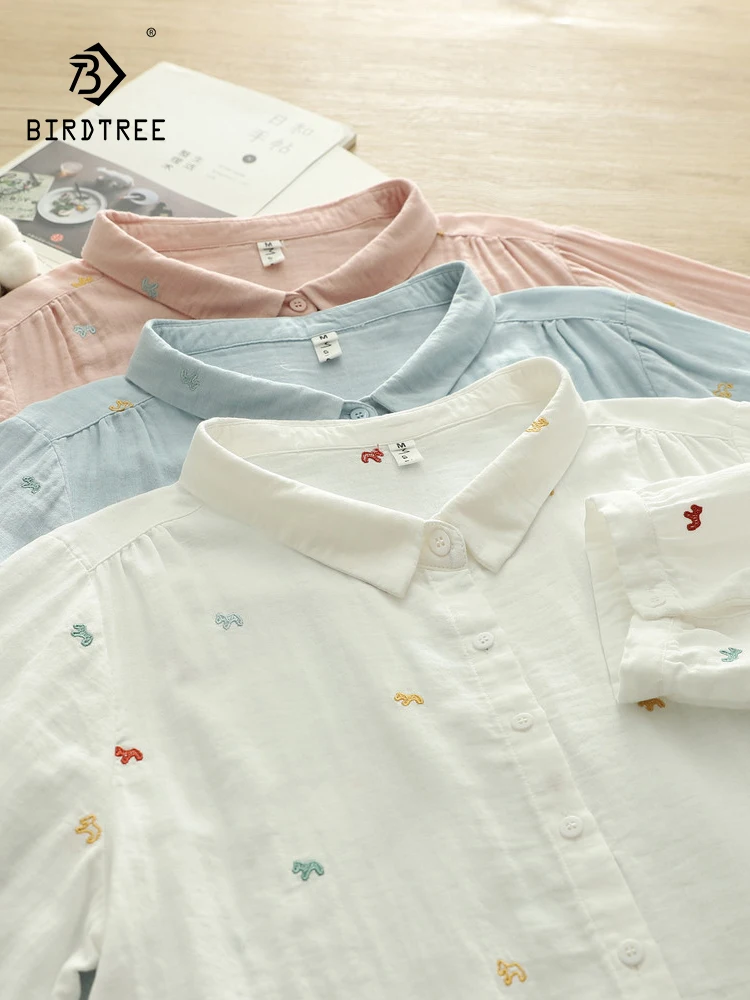 

Новая летняя женская блузка из хлопковой пряжи с коротким рукавом, вышивкой пони на лацканах, в стиле Mori Girl, тонкая, свободная, омолаживающая, T64584CC