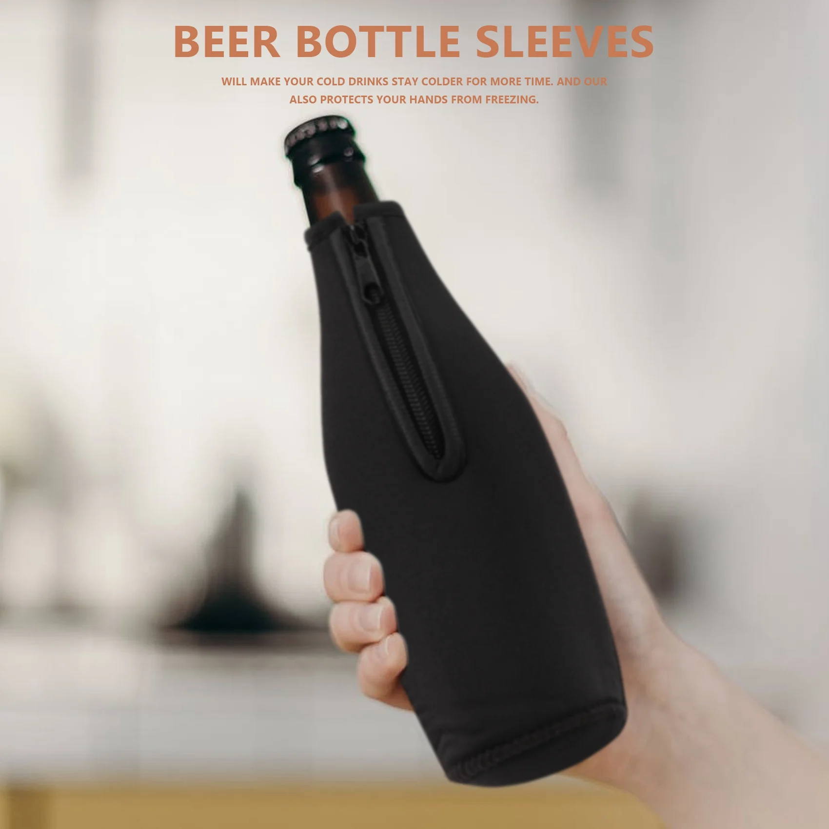 ABSE-Beer Bottle Cooler Sleeves Keep Drink Cold Zip-Up Extra Thick Neoprene Insulated Sleeve Cover Black