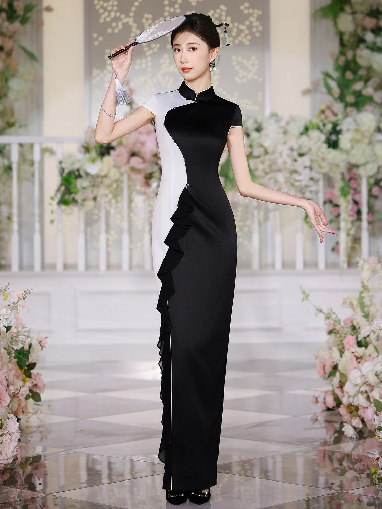 

Черно-белый цвет, длинное исполнение, новинка 2025, традиционное китайское вечернее платье Sle Faion ow