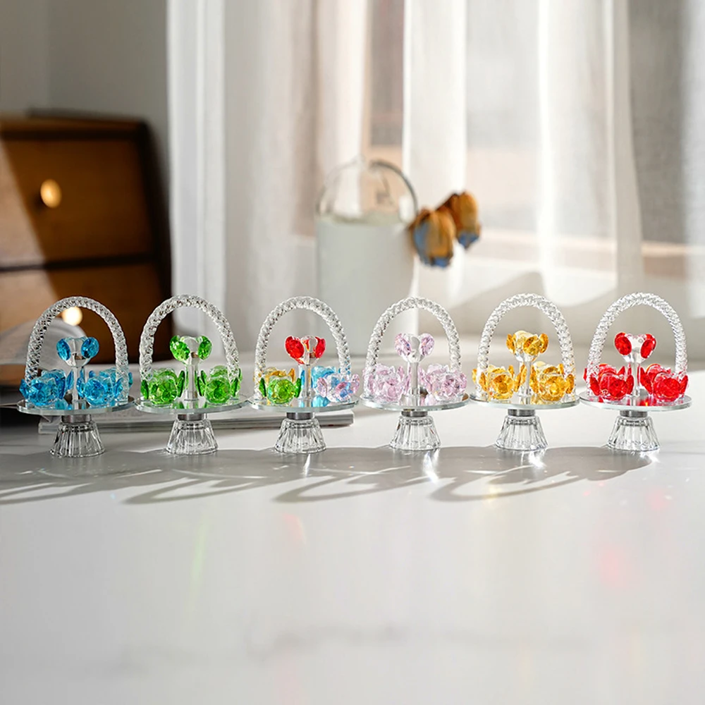 

Crystal Flower Basket Figurines Collectible Glass Flower with Rotating Base for Home Dress Table Centerpiece Christmas Lady Gift
