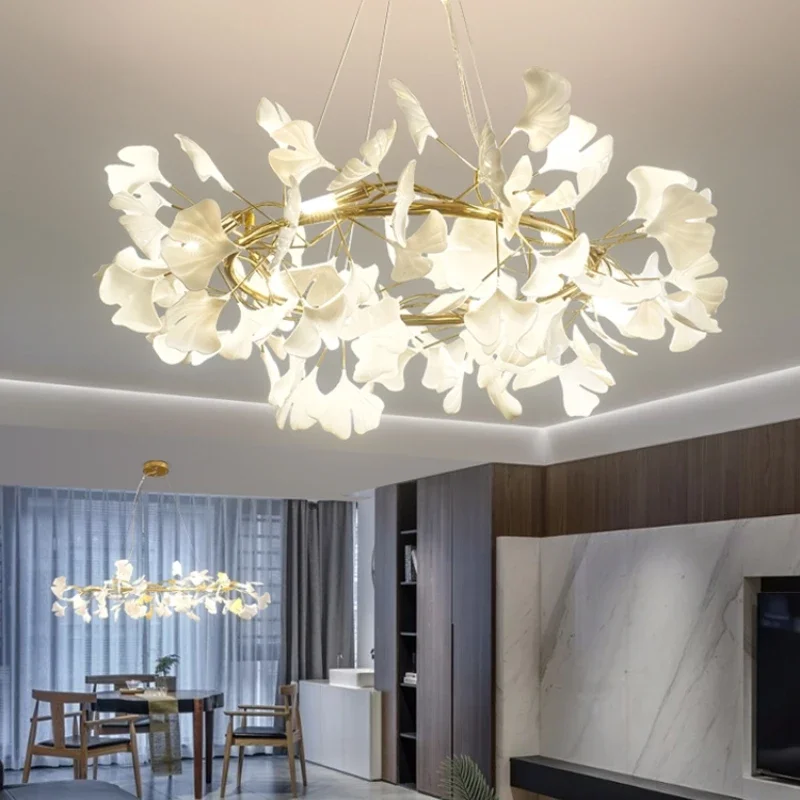 Nordic LED Chandeliers Ginkgo Leaf Branch Gold Pendant Lights Hotel Dining Living Room Bedroom Art Lobby Decoration Chandelier