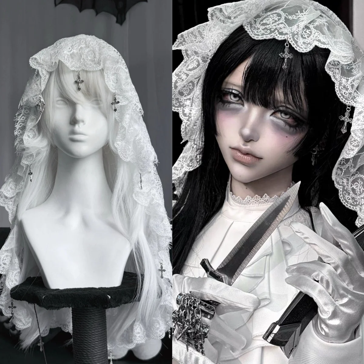 Original Handmaded Evil Headpiece Lolita Lace Cross Gothic White Headpiece Y2K Wedding Veil KC Cosplay Ruffled Hair Accessory