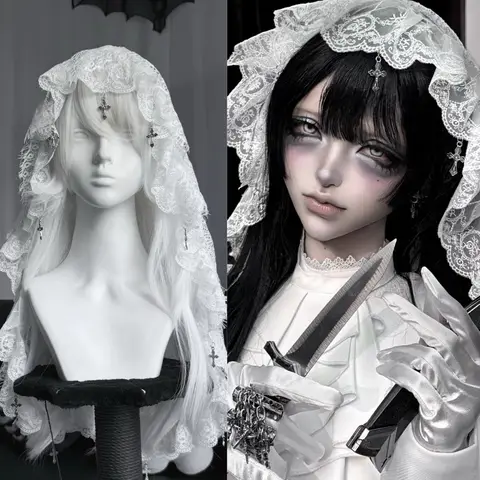Original Handmaded Evil Headpiece Lolita Lace Cross Gothic White Headpiece Y2K Wedding Veil KC Cosplay Ruffled Hair Accessory