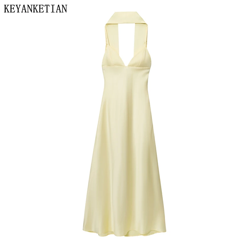 

KEYANKETIAN новый летний женский шарф в отпускном стиле с шелковой текстурой, висящее платье с бретельками на шее, длинная юбка