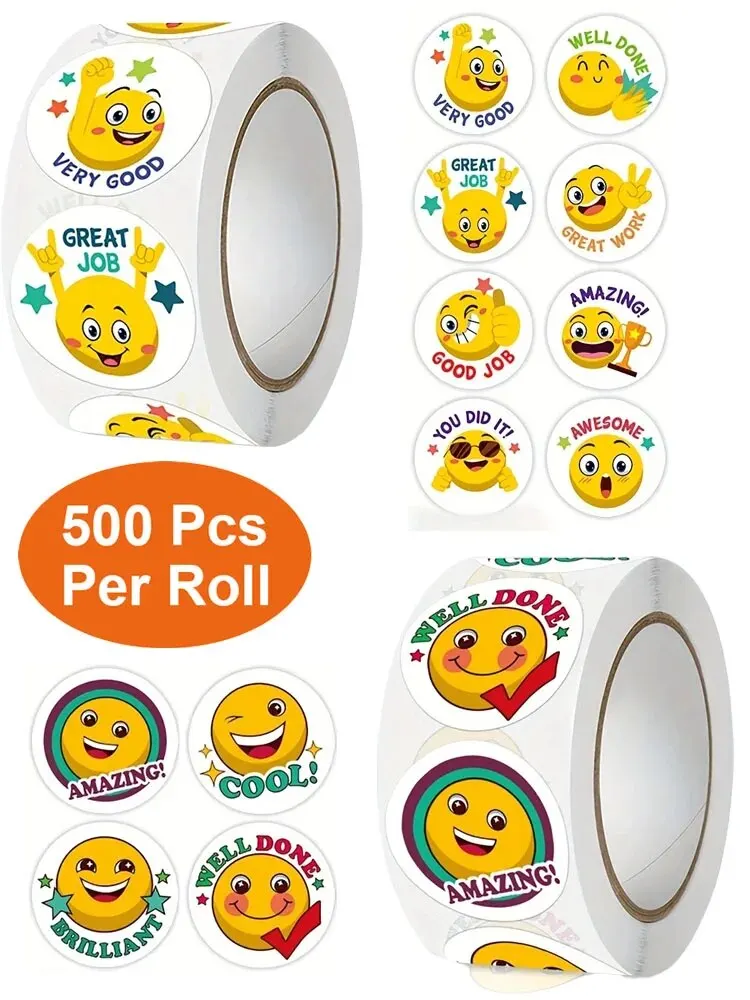 500 sztuk/rolka Cartoon zabawny uśmiech wyraz twarzy naklejki nagrody 8 wzorów 2.5cm/1.0in okrągłe na PC Pad lodówka prezent Diy Decor — zdjęcie 2