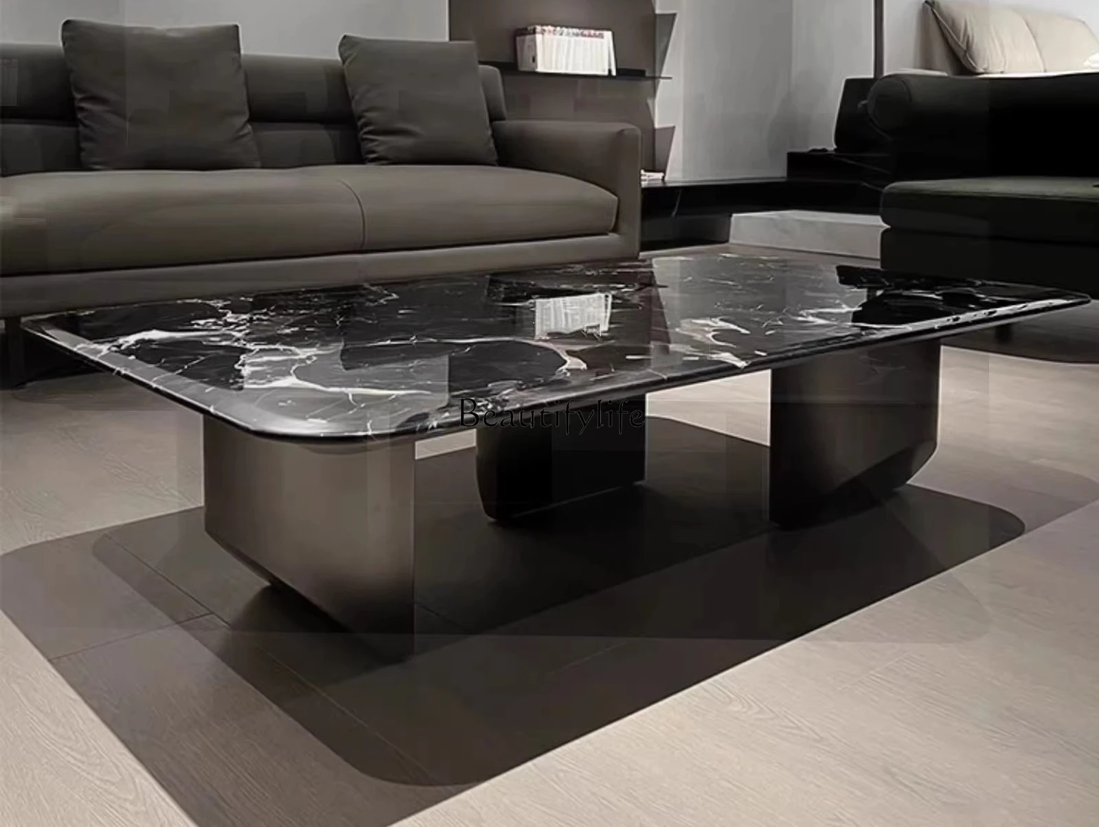 

*Light luxury minimalist rectangular round stainless steel high-end modern natural stone coffee table