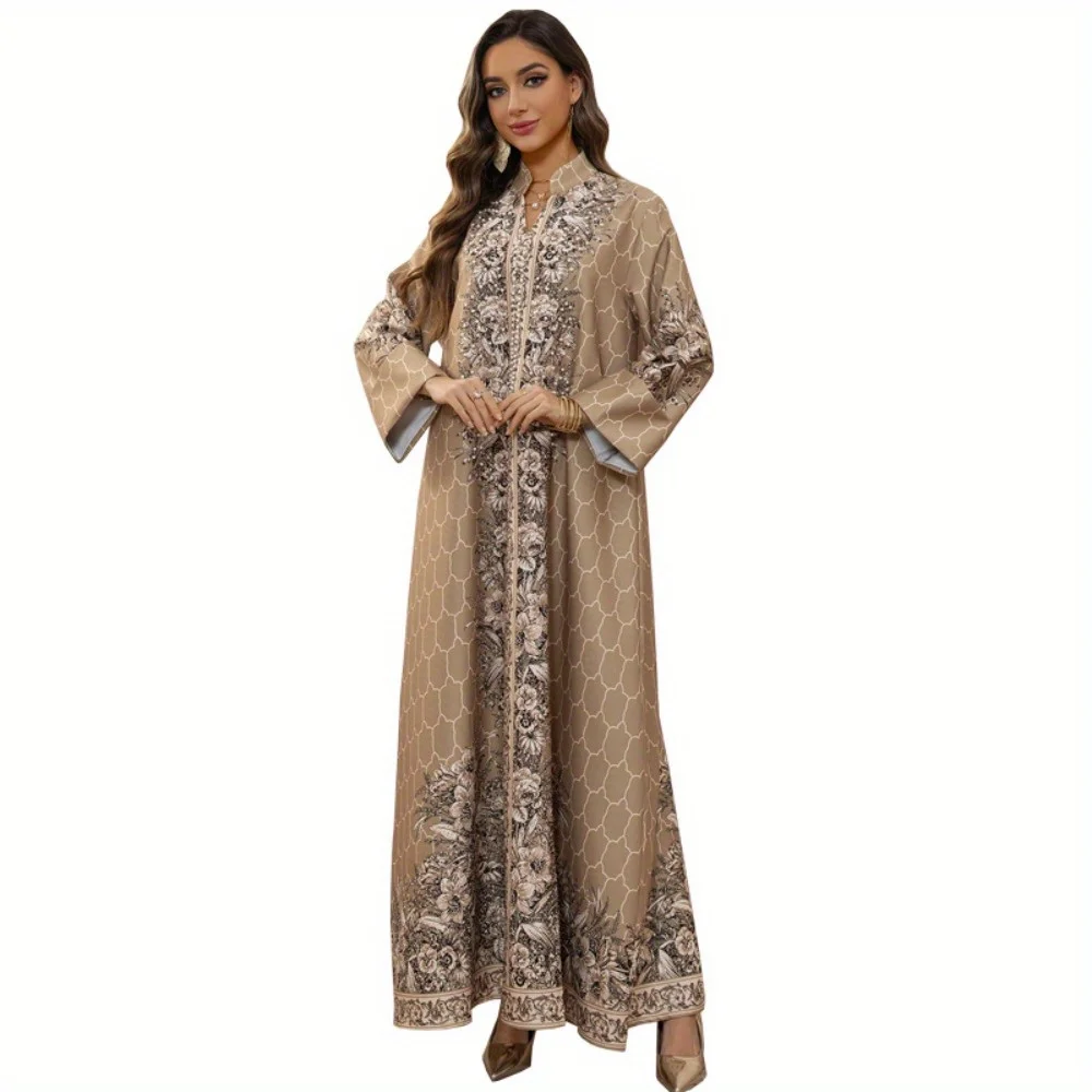 Formelles Damenkleid für Ramadan und Hochzeiten, muslimischer Kaftan aus dem Nahen Osten – Dubai-arabisches Kleid mit eleganten Strasssteinen