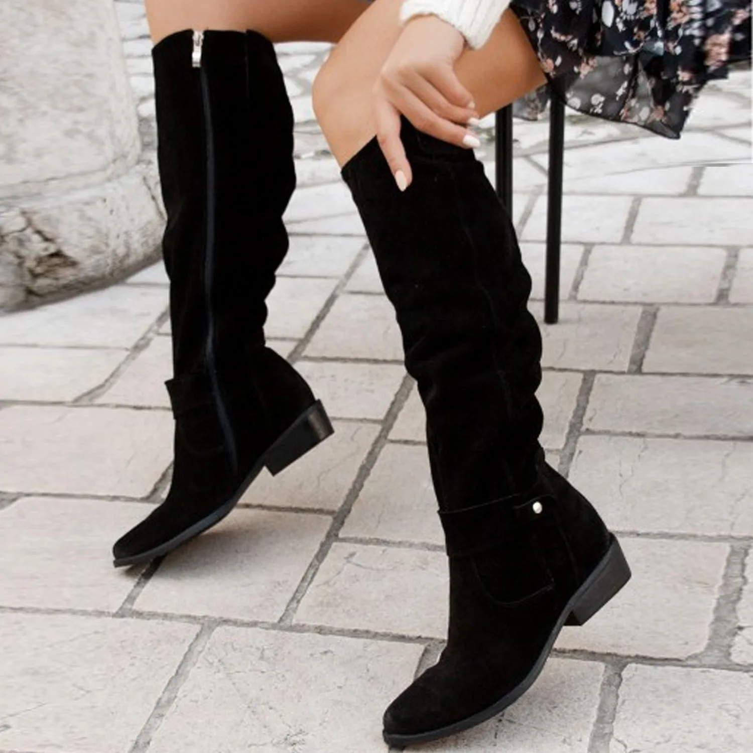 New Fashion Low Heel Side Zip Size 43 Suede Thigh High Women\'s Boots Retro Woman Booties Autumn Winter Knee High Boots