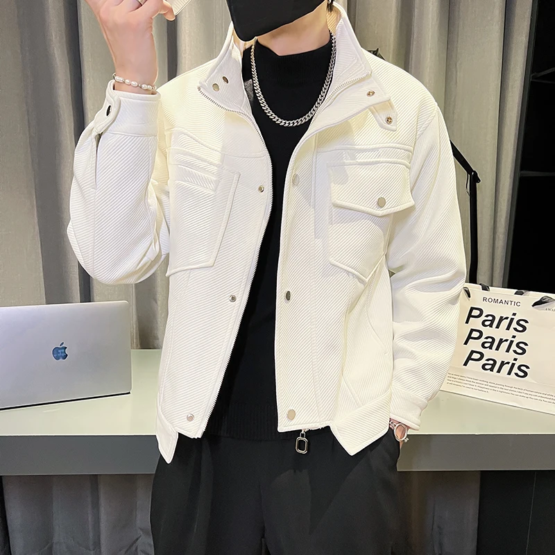 

Молодежная рабочая одежда: мужская осенняя куртка в корейском стиле, однотонная, универсальная, в британском стиле преппи, с диагональными полосами и воротником-стойкой