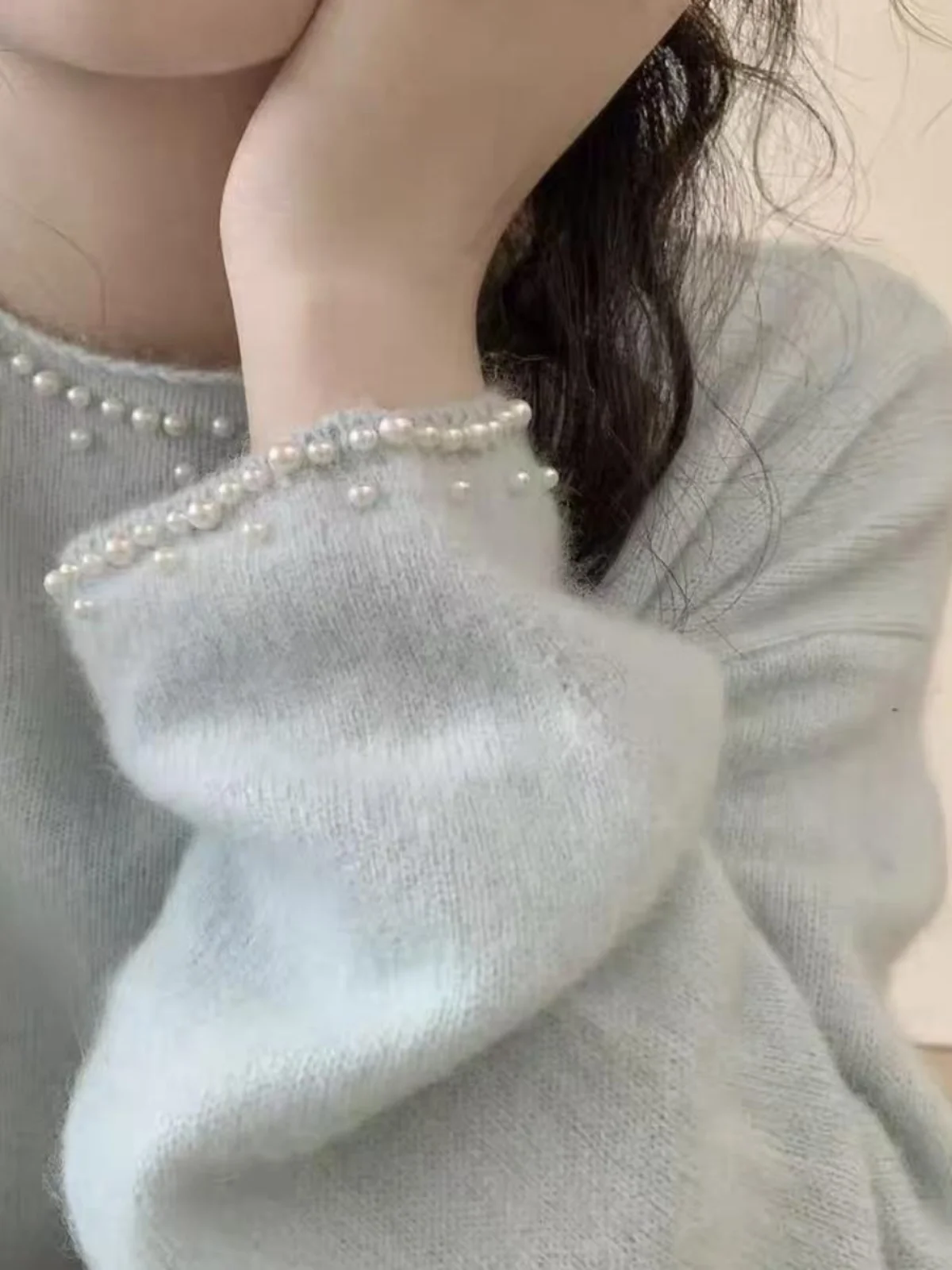 Coréen Sle rond Ne tricoté Base irt lourd embellissement couleur aérienne pull automne hiver nouveauté coupe ample