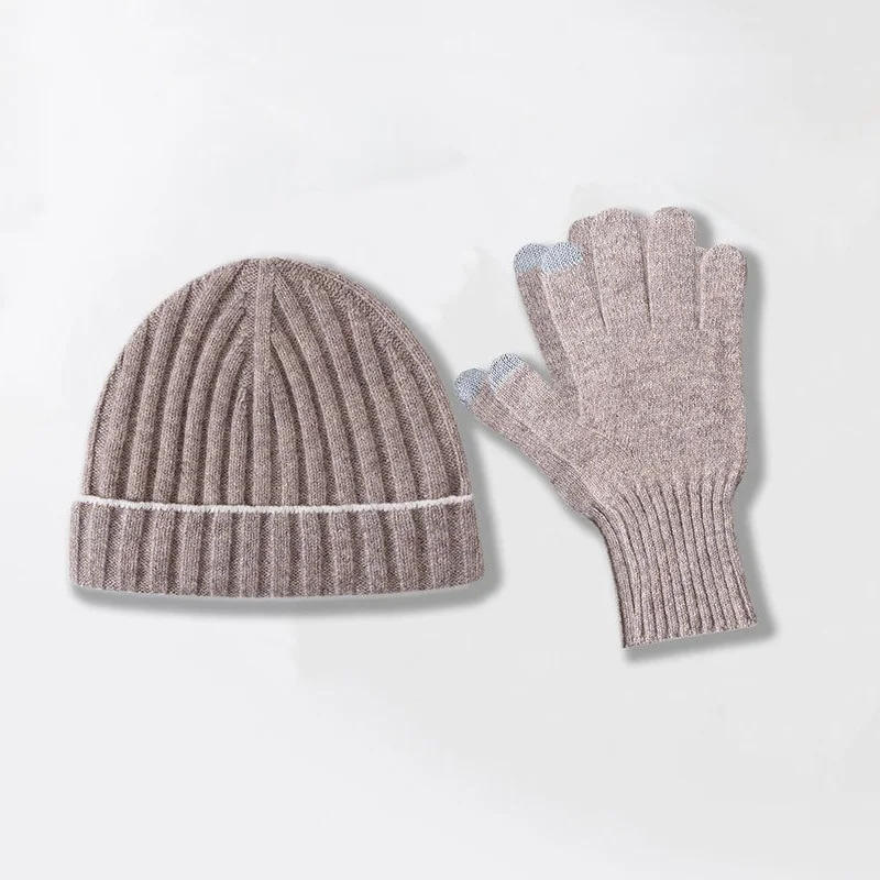 Men's Wool Beanie Glove Set Two Piece Contrast Warm Winter Knitted Cap
