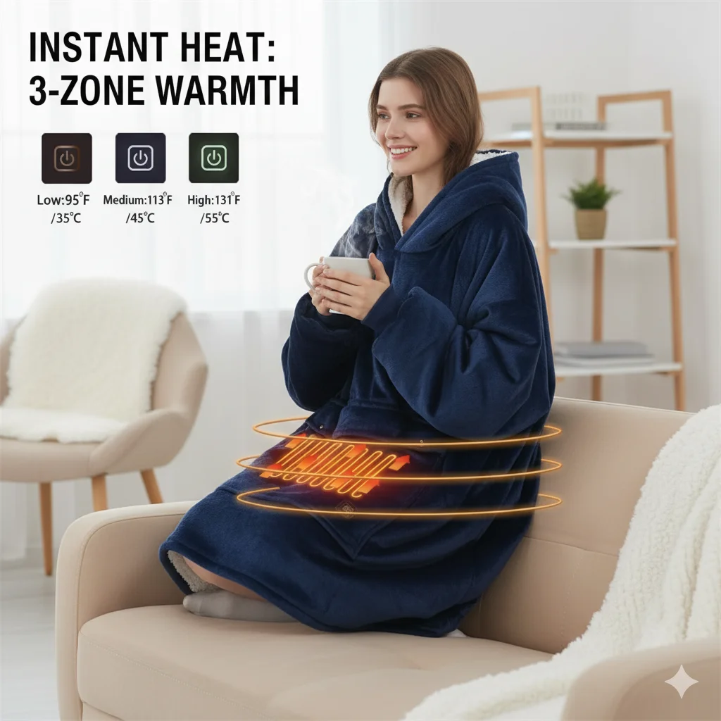 Oversized Wearable Blanket Hoodie With Sleeves Pocket Sherpa Fleece Blanket Sweatshirt Warm Thick Plush Heating Hooded Blankets