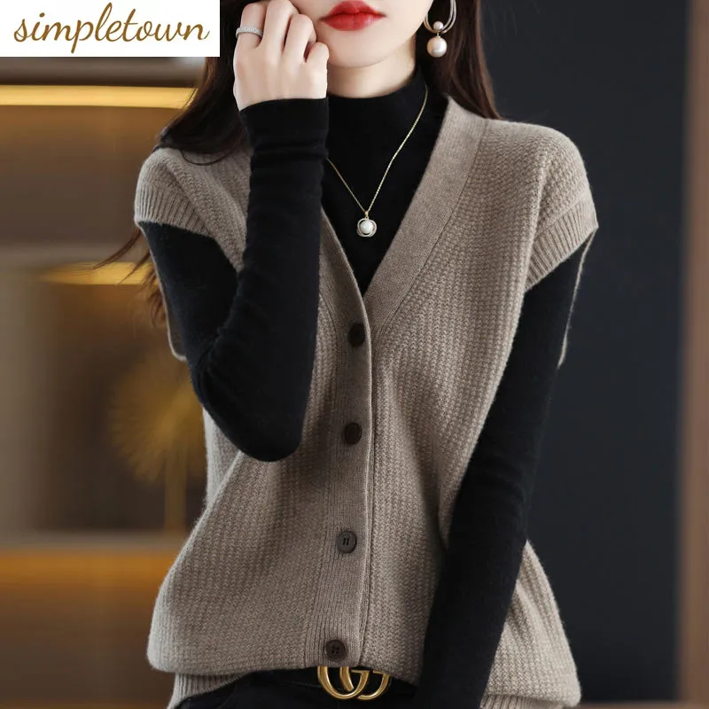 

Autumn and Winter New V-neck Knitted Cardigan Tank Top Korean Version Loose Casual Solid Color Versatile Sleeveless Sweater