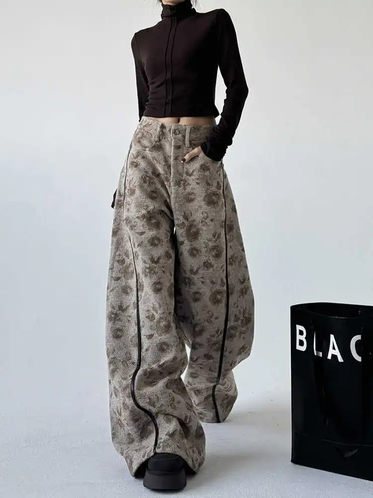 المرأة الكاكي Y2k فضفاض الجينز خمر Harajuku الدافئة سميكة كبيرة الحجم جان السراويل اليابانية 2000s نمط صديقها الدنيم بنطلون الخريف