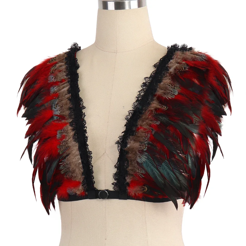 Women Gothic Victorian Natural Feather Shrug Shawl Shoulder Wrap Cape with Collar Halloween Costume Party Harness Feathers Wing