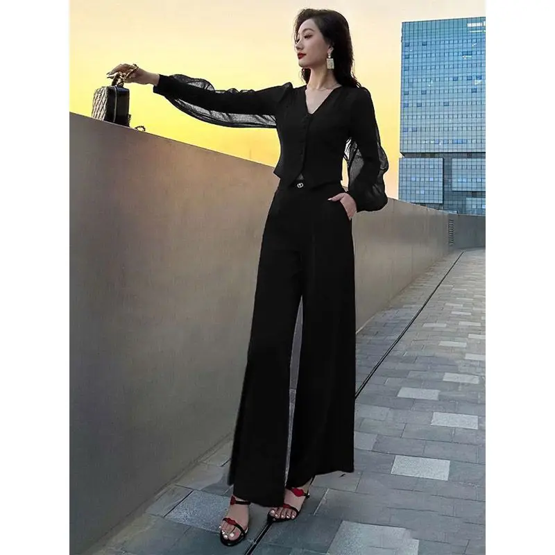 Fashion Set Women's Spring/summer Korean Version V-neck Shirt Top+wide Leg Pants Elegant Women's Two-piece Set