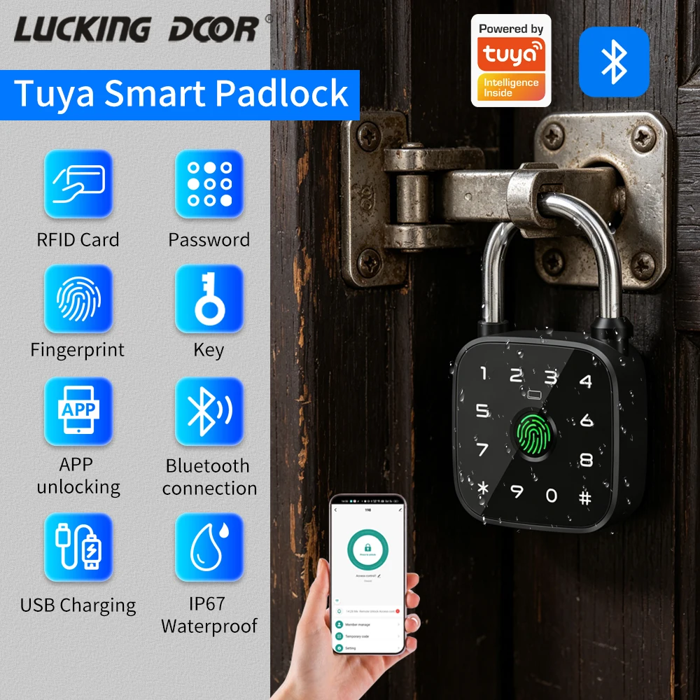 Waterproof Anti-Theft Anti-Vandal Support Tuya APP Smart Padlock Type-C Rechargeable Biometric Fingerprint & RFID Card Lock