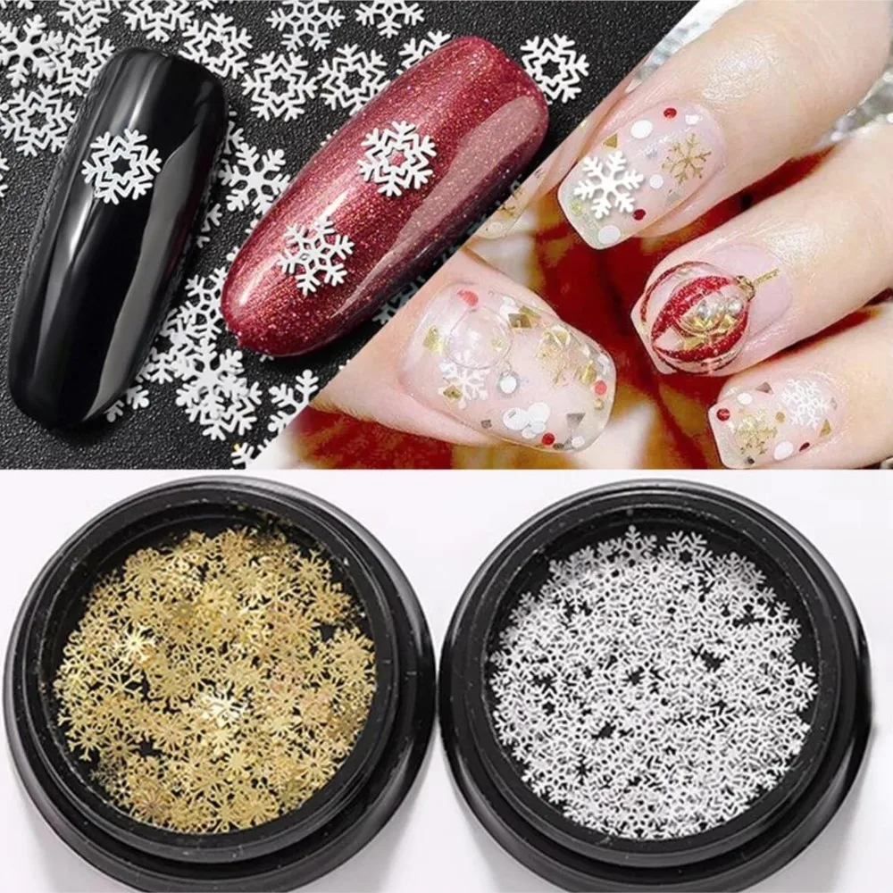 1 doos 3D Kerst Sneeuwvlokken Nail Charms Goud Wit Hollow-Out Sneeuwvlokken Pailletten Winter Xmas Sneeuwvlokken Manicure Accessoires