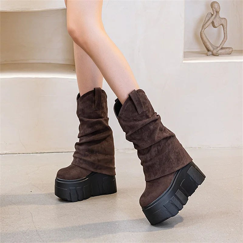 14cmヒールのレディースプラットフォームアンクルブーツ、春秋冬用ウェッジソール、快適なアンクルブーツ、アンクルブーティー