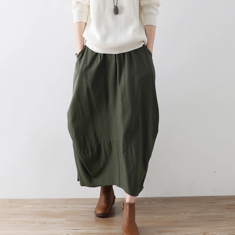 Johnature Original Solid Color Women Cotton Linen Skirt 2024 New Irregular Fold Loose  Skirt Casual Pockets Vintage