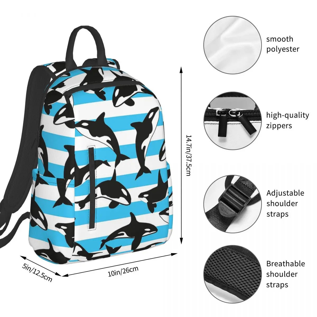 Orca Killer Whale Backpack Student BookBag Boys Girls School Bag Laptop Shoulder Bags Men Women