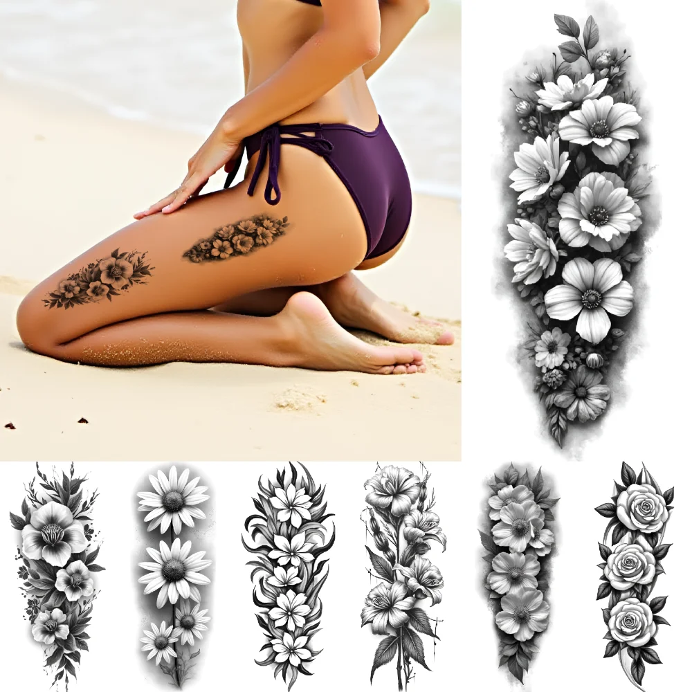 

12 шт., временные татуировки, ромашки, черный и серый реализм, розовые композиции, цветочные узоры для взрослых, спины, руки
