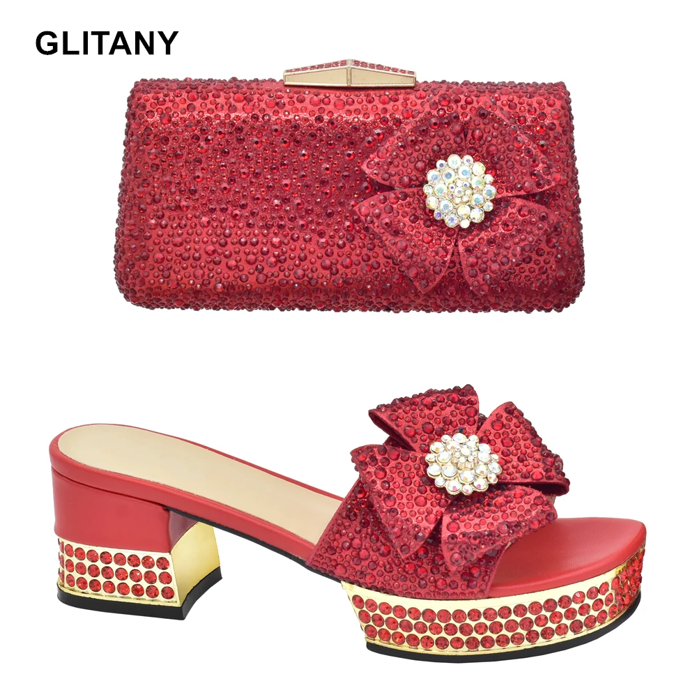 Latest Design Italian Shoes with Matching Bags High Quality Nigerian Women Wedding Shoes and Bag Set Decorated with Rhinestone