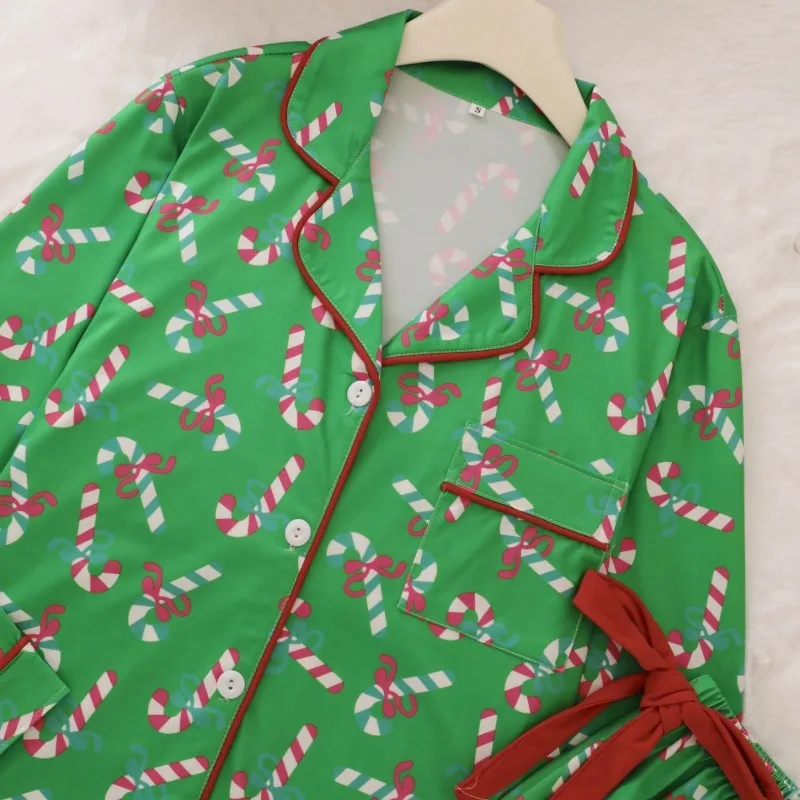 

Premium Women's Pajamas All Seasons Featuring Christmas Print Lapel Collar Long Sleeves Trousers Style Cardigan Set Outdoor