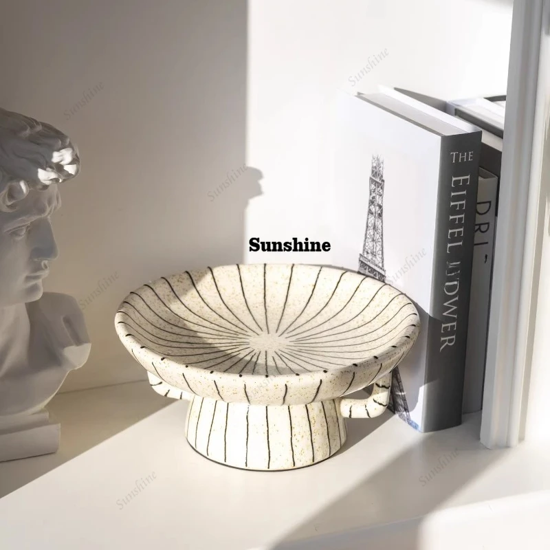 French antique striped binaural high fruit plate dining table living room coffee table ornament