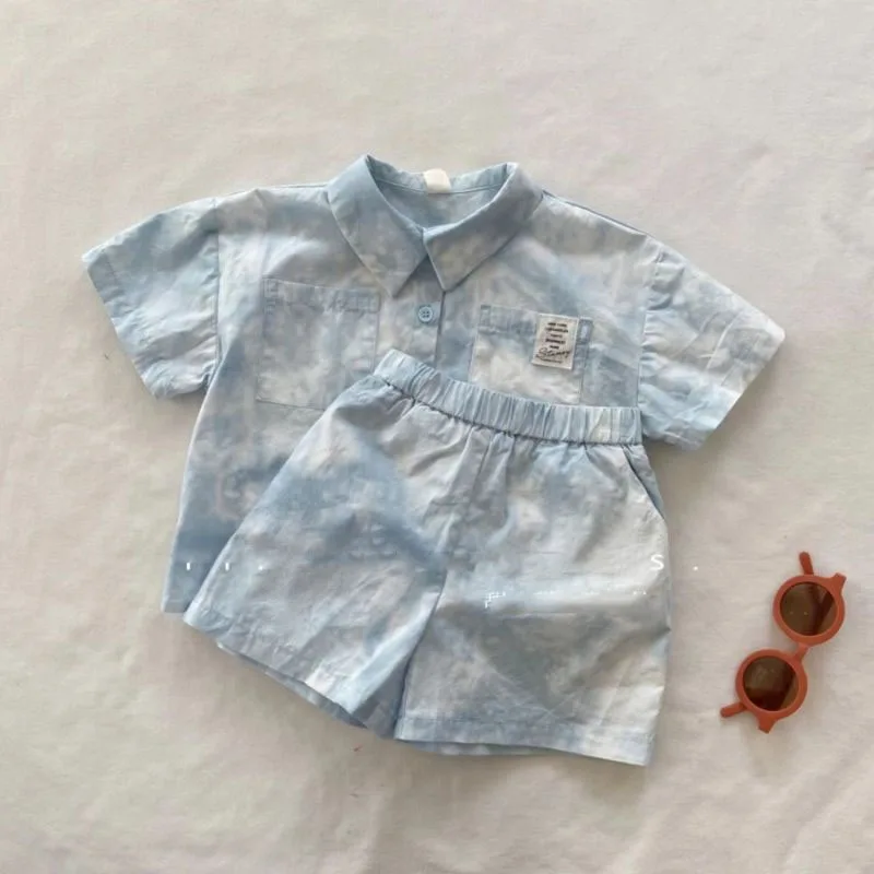 Summer New Boys Korean Minimalist Polo-Neck Button Spliced Pockets Tie Dye Shirt Short Sleeve Stylish Loose Elastic Shorts Sets