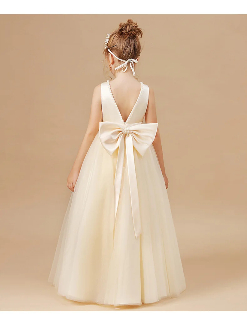 Girls Party Dress 7-14Y Elegnet Big Bow One-piece Princess Dresses Formal Christmas Dress for Girls Pearl Mesh Long Vestidos