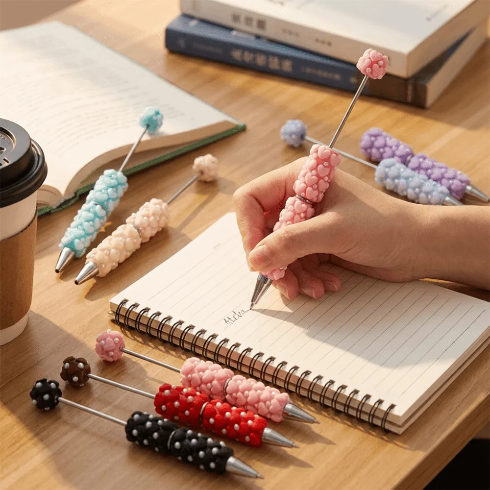 Pearl DIY Clay Heart Bead Pen Full Diamond Black Ink Flocked Heart Beaded Pen Handmade Smooth Writing Beaded Ballpoint Pen