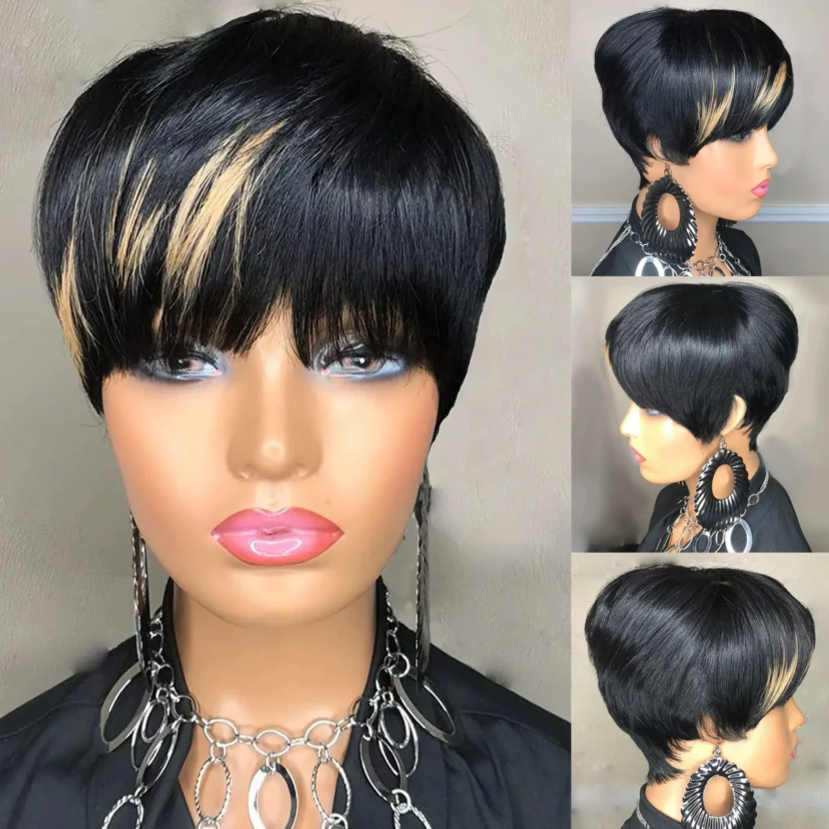 

Ombre Black Honey Blonde Highlight Synthetic Pixie Cut Hair Style Short Straight Bob Wigs Short Wigs With Bangs For Black Women