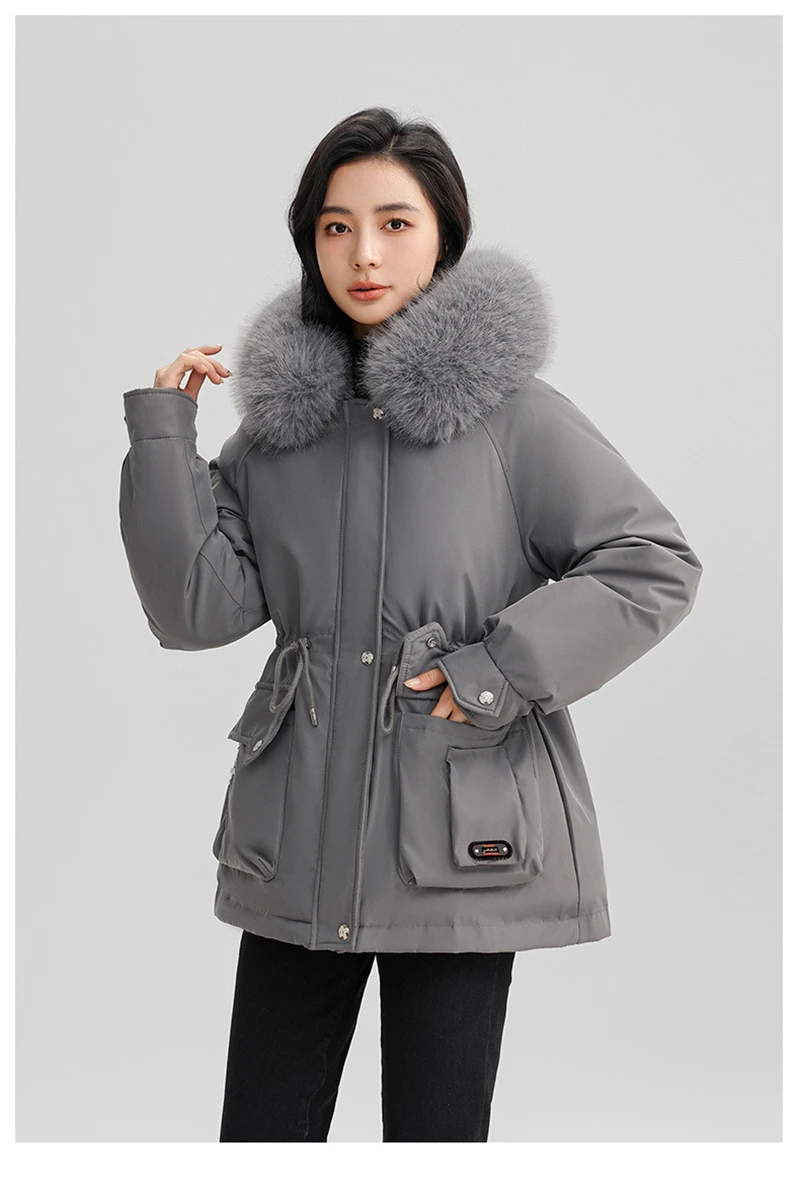 Winter New Warm Down Cotton Jacket with Large Fur Collar Hooded Coat Loose Women Thicken Parker Puffer Overcoat Casual Wear