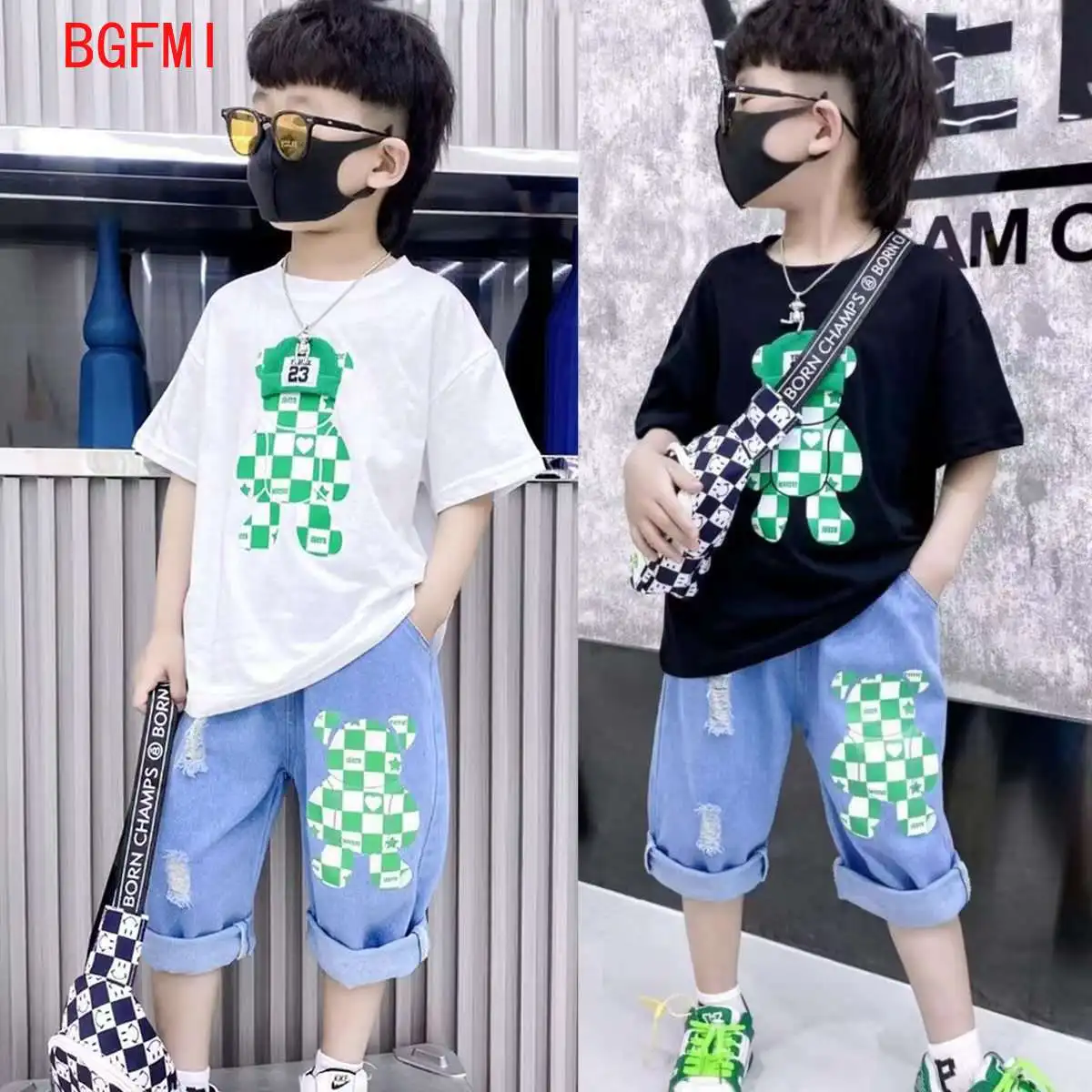 Korean Summer Kids Clothes Boy Cotton Cartoon Bear T-shirt + Denim Shorts 2pcs Set 2-10Y Children's Top and Bottom Clothes Set