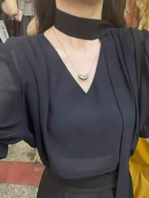 Csa informal de gasa con manga de burbuja y cuello en V de estilo coreano, blusa drapeada e a la moda para mujer, n...