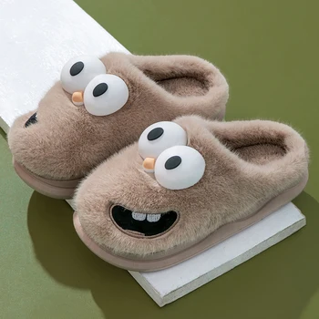 Novo engraçado dos desenhos animados inverno sola macia dos homens piso interior antiderrapante plataforma slides chinelos de pelúcia quente masculino casa sapatos casuais de algodão