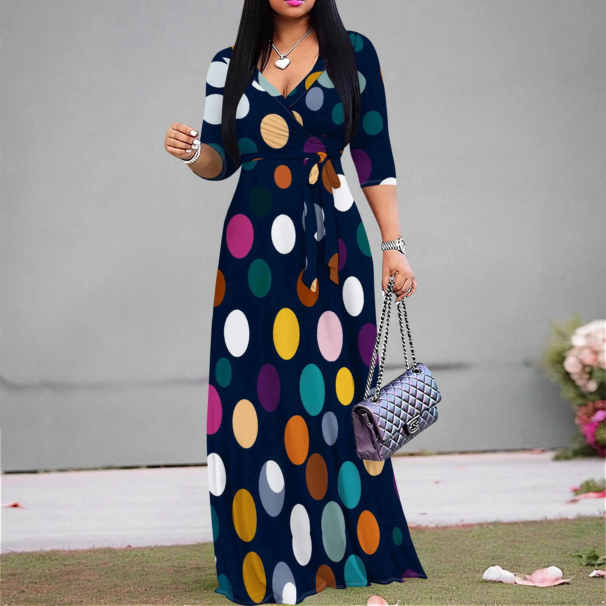 

Women's Polka Dot Maxi Dress V-Neck High Waist Long Dress 3/4 Sleeve Casual Day Wear XS-3XL